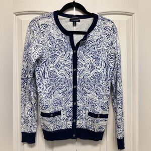 Lands' End Women's Navy and White Paisley Cardigan